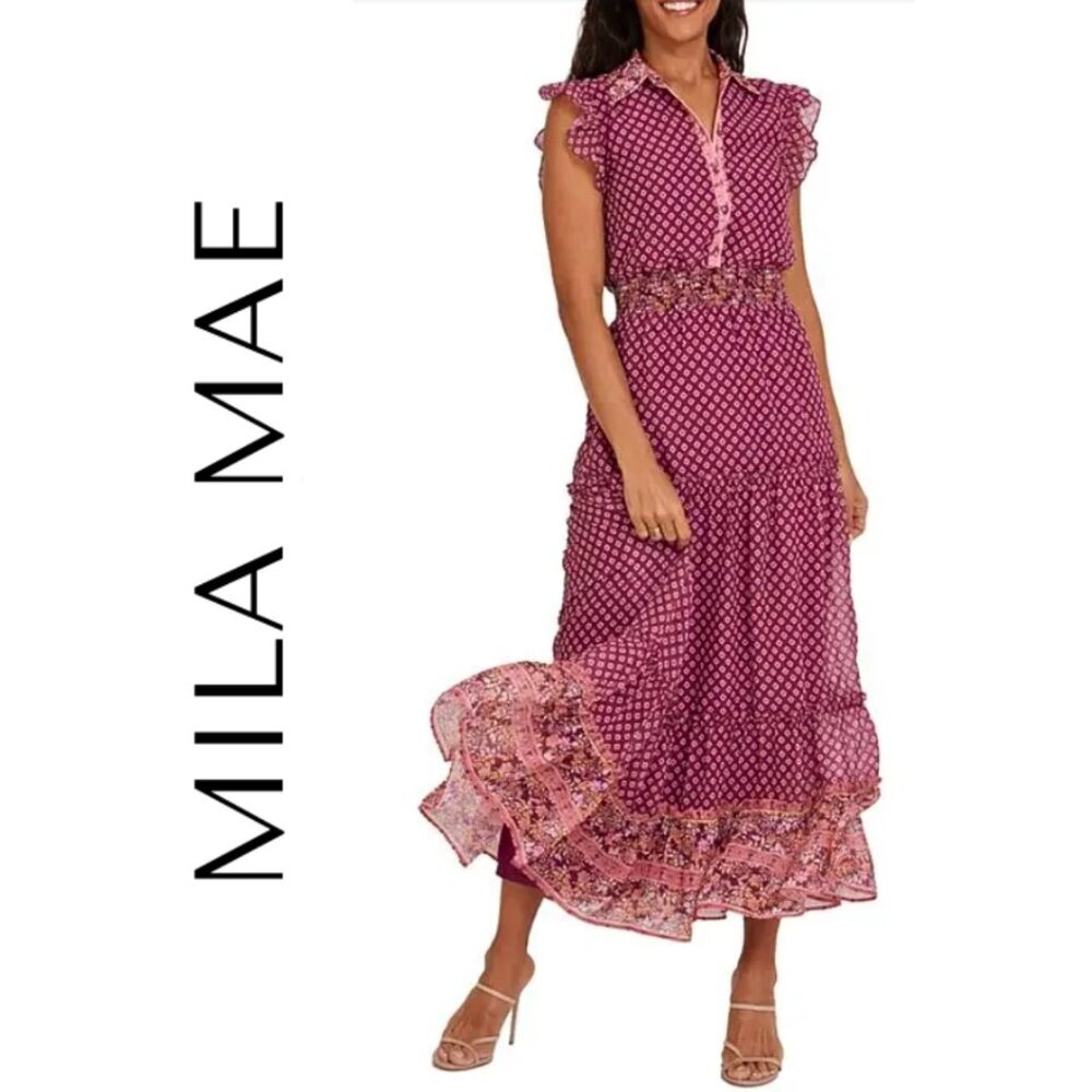 Mila Mae,‎ Floral Ruffle Tiered Sleeveless Maxi Shirtdress, Wine, Purple, Multi